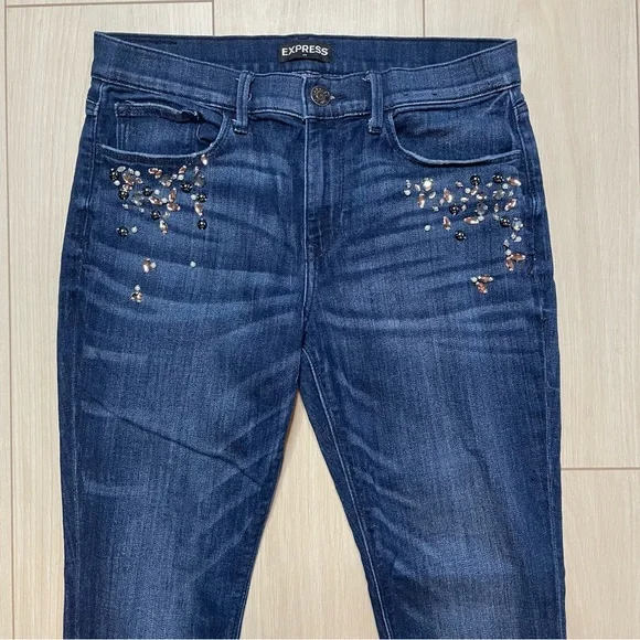 Express Rhinestone Mid Rise Legging Dark Denim Jeans - Picture 4 of 5